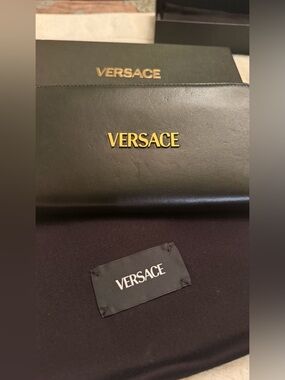 Versace Black Leather Zip-Around Wallet with Gold Logo